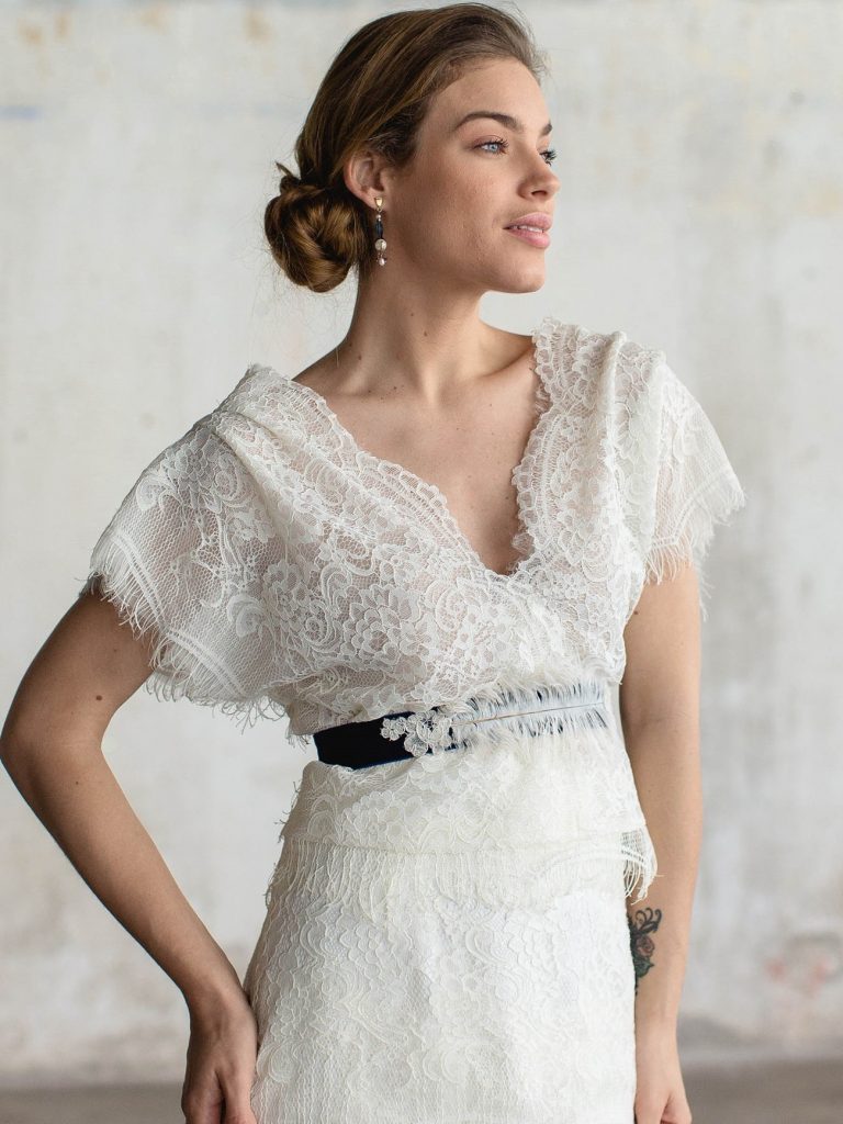 lace wedding dress with short sleeve katia delatola