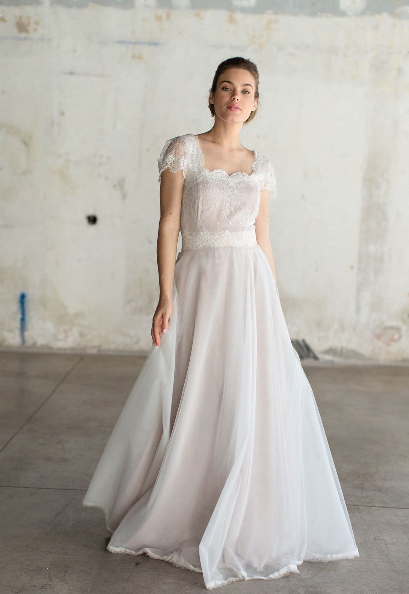 a line wedding dress with short sleeve