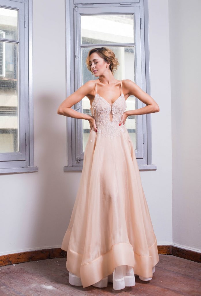 salmon pink wedding dress