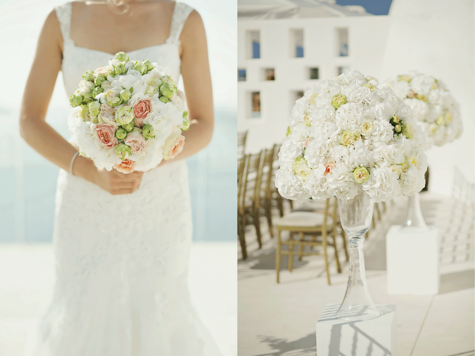 White bridal bouquet and wedding decoration with peonies