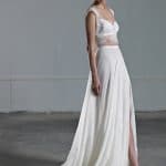 Two piece wedding dress with romantic lace crop top and square neckline with wide strap