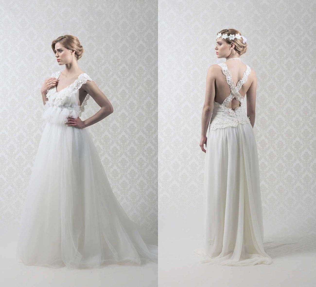 lace and tulle wedding dress with open back
