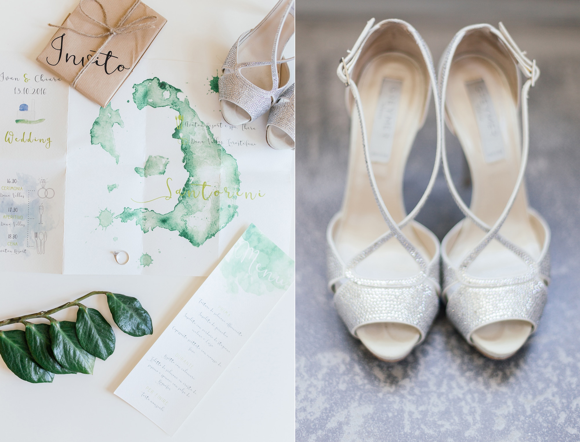 Silver wedding shoes and craft wedding invitation