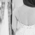 open back wedding dress and pearled straps