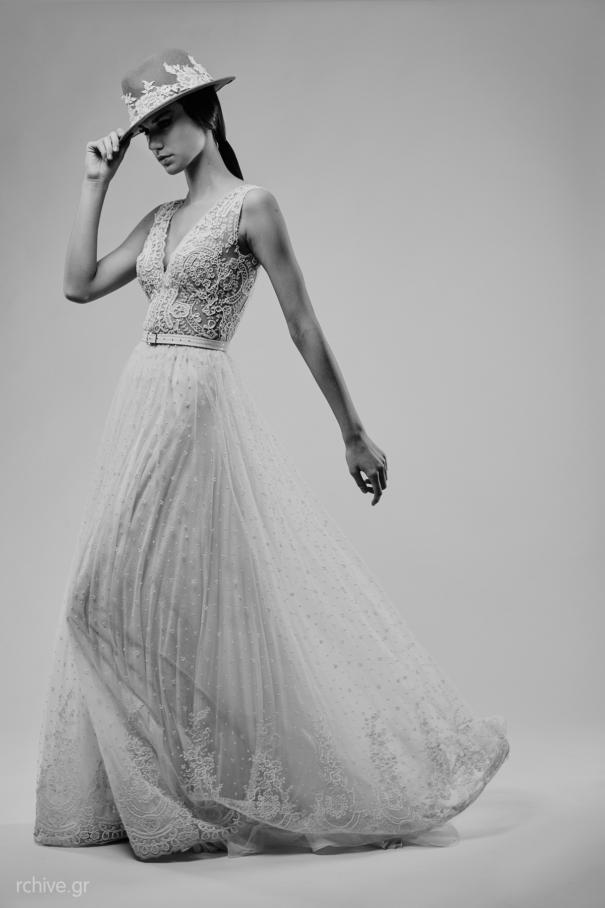 A line wedding dress with laced bustier and dotted skirt