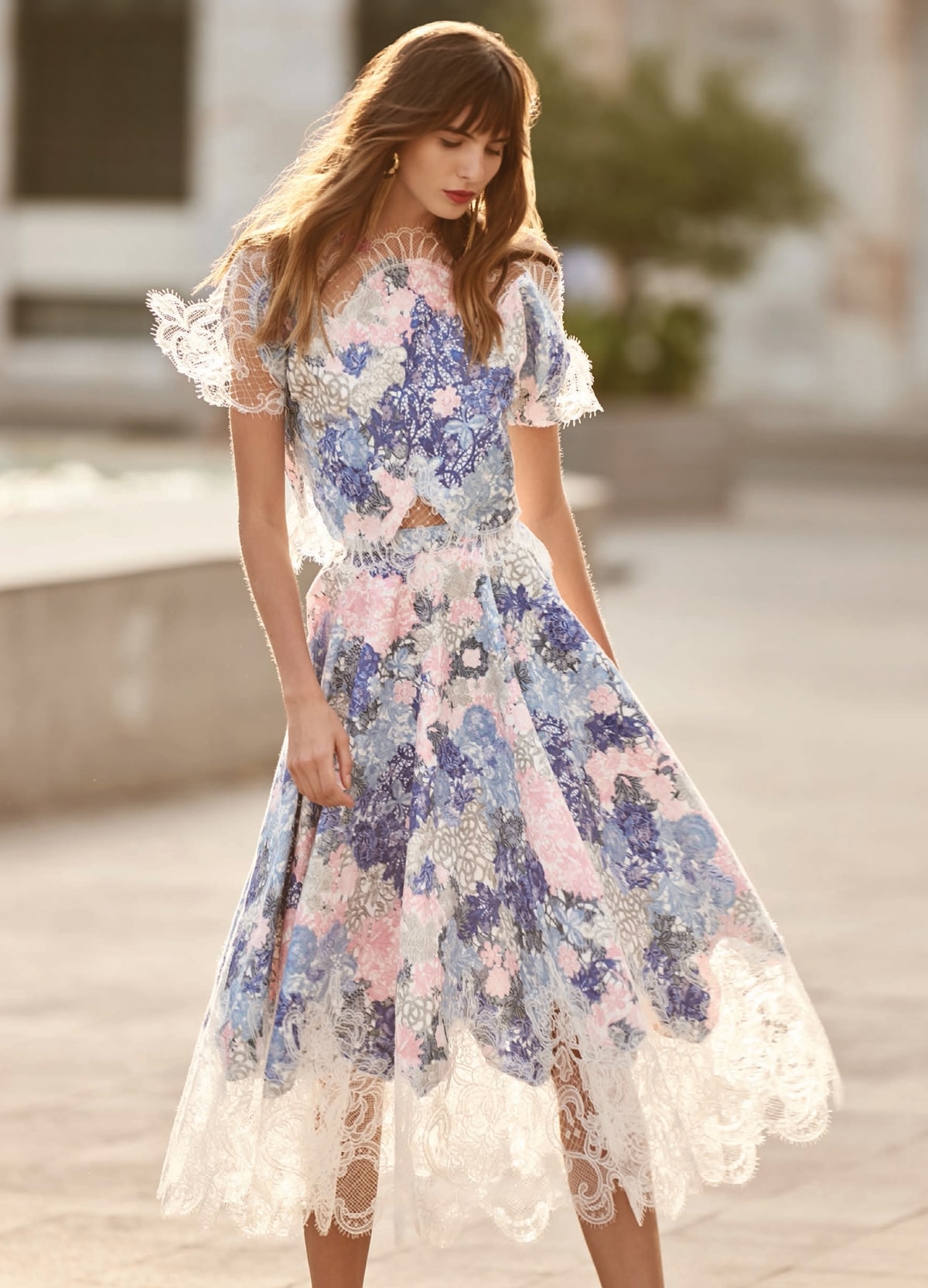 Two pieces floral laced dress with A line skirt and crop top Christos Costarellos