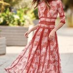 Midi red dress with illusions and 3/4 sleeves Christos Costarellos