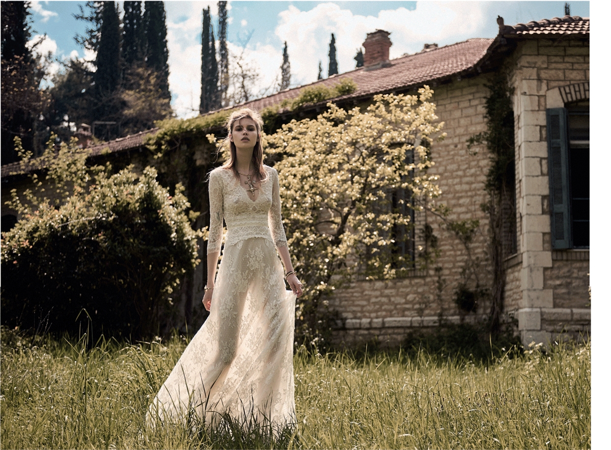 Laced boho wedding dress with long sleeves Christos Costarellos 2018
