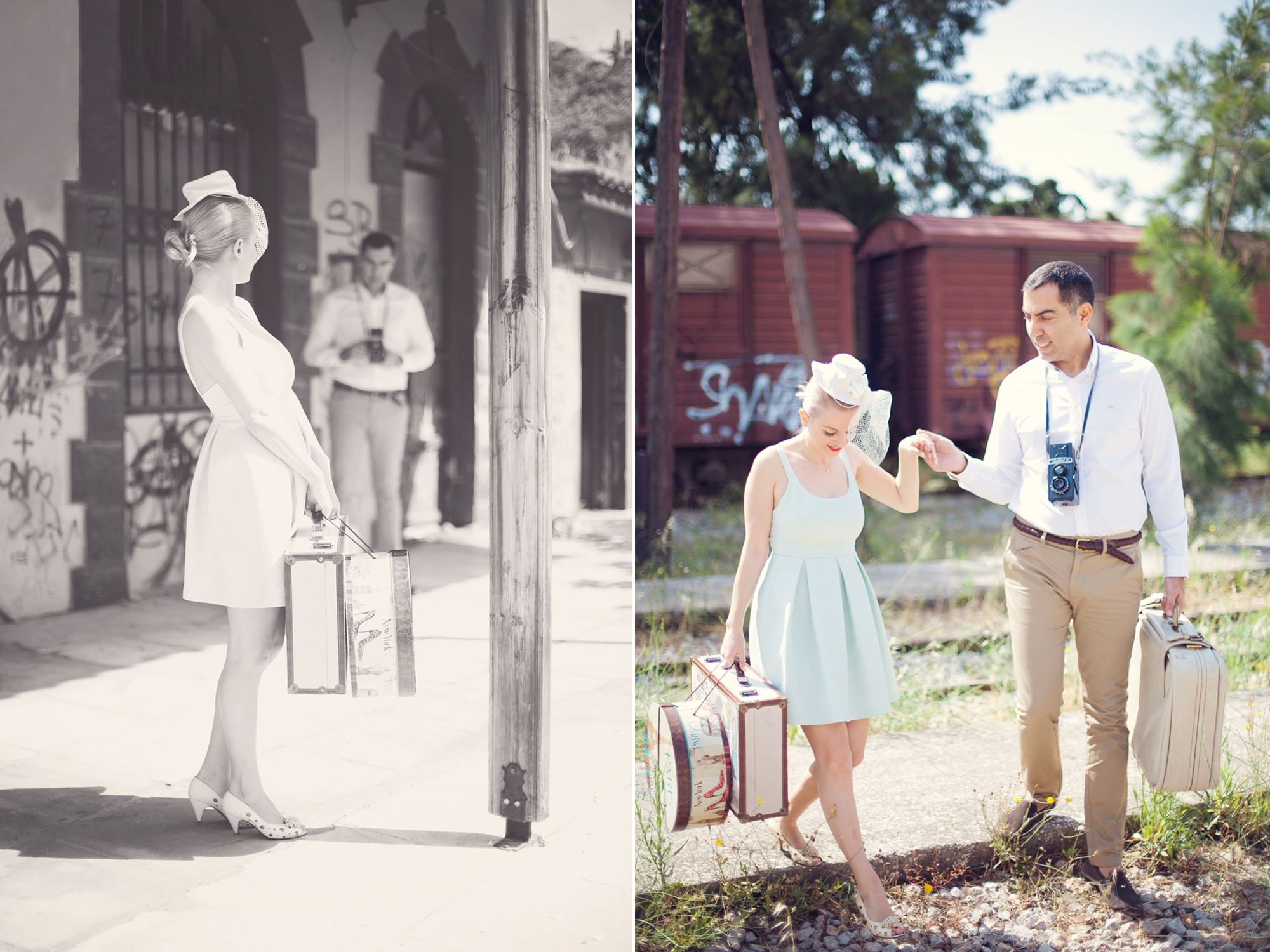 A vintage engagement session at a train station