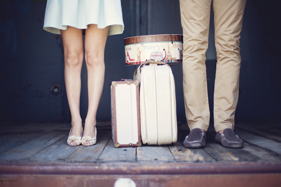 A vintage engagement session at a train station
